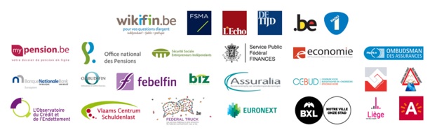 Logos des partennaires de la semaine de l&#039;argent : wikifin.be - FSMA - L&#039;Echo - Radio 1 - MyPension.be - Febelfin - Assuralia - ...