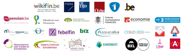 Logo&#039;s partners week van het geld: wikifin.be - FSMA - L&#039;Echo - Radio 1 - MyPension.be - Febelfin - Assuralia - ...