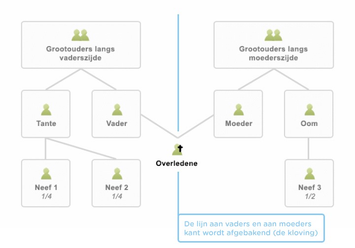 Voorbeeld kloving: je enige erfgenamen zijn twee neven aan vaderskant en één neef aan moederskant