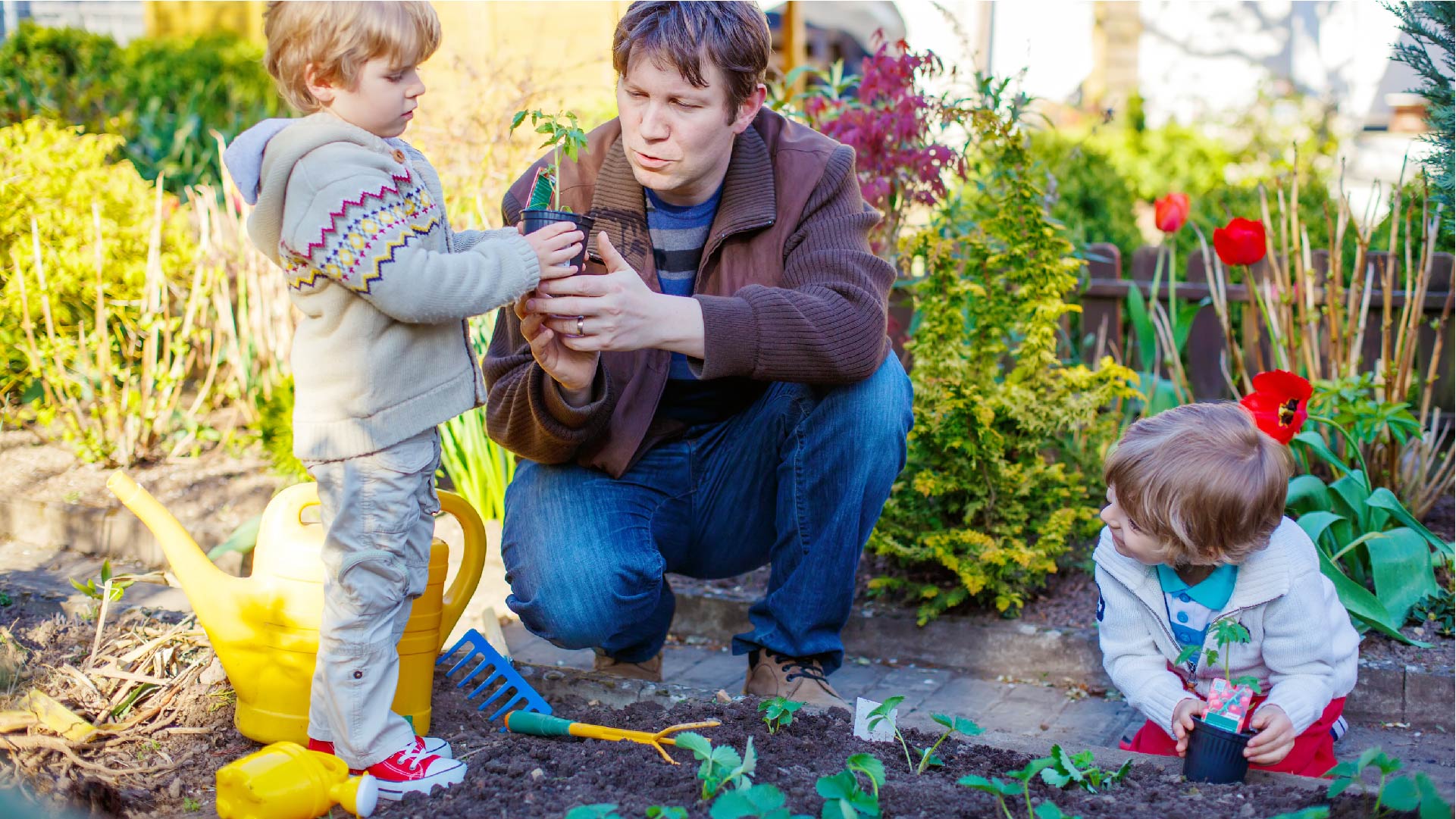 Een papa werkt met zijn kinderen in de moestuin