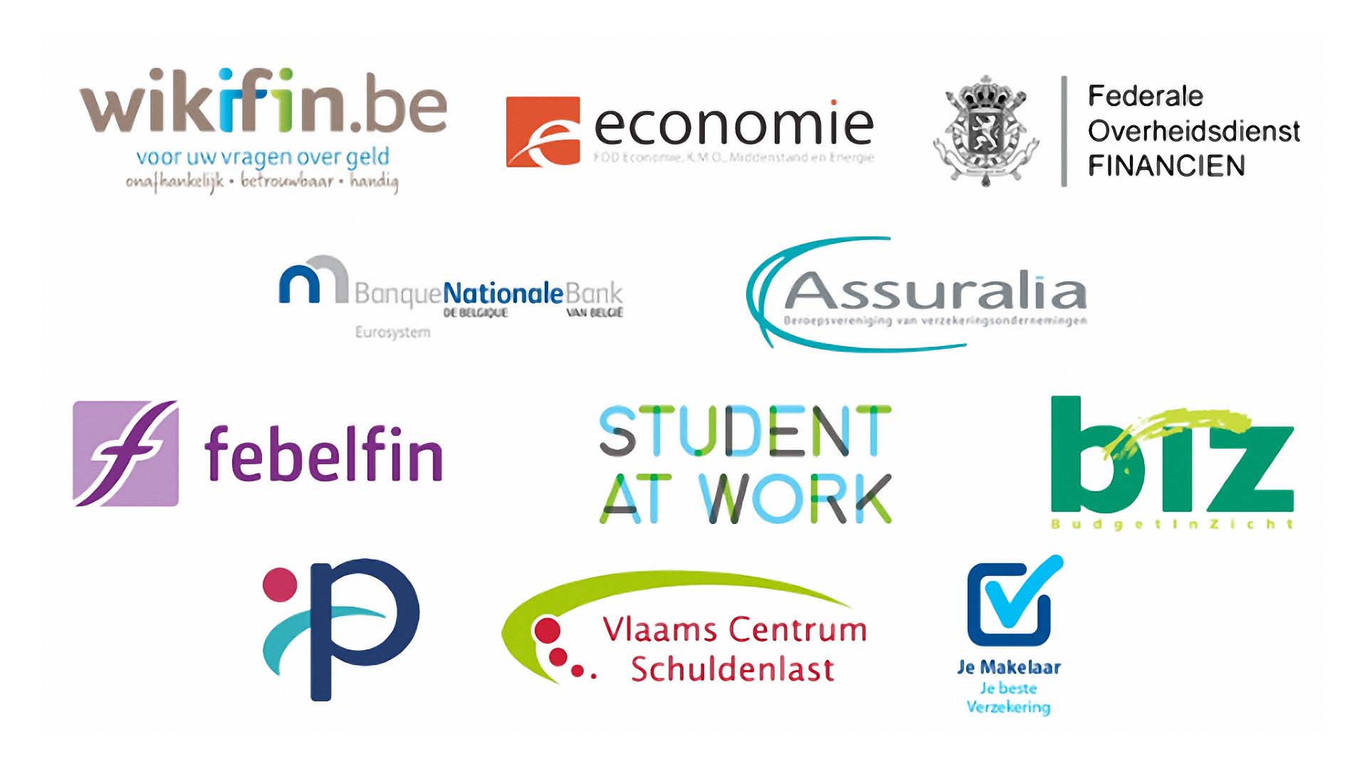 Logo&#039;s partners week van het geld: wikifin.be - economie - Federale Overheidsdienst Financiën - Nationale Bank - Assuralia - Febelfin - Student at work - biz - Federale Pensioendienst - Vlaams Centrum Schuldenlast - De Makelaar