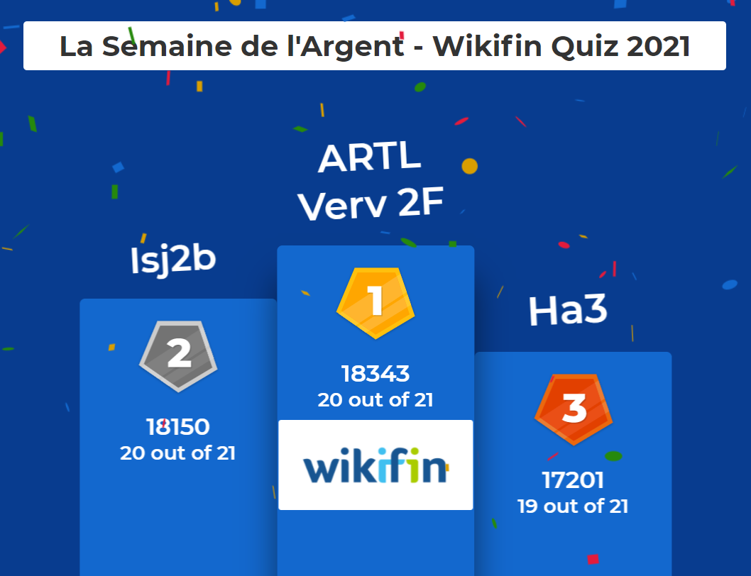 Kahoot Podium - La Semaine de l&#039;Argent - Wikifin Quiz 2021 : 1 ARTL Verv 2F (18343) 2 lsj2b (18150) 3 Ha3 (17201)