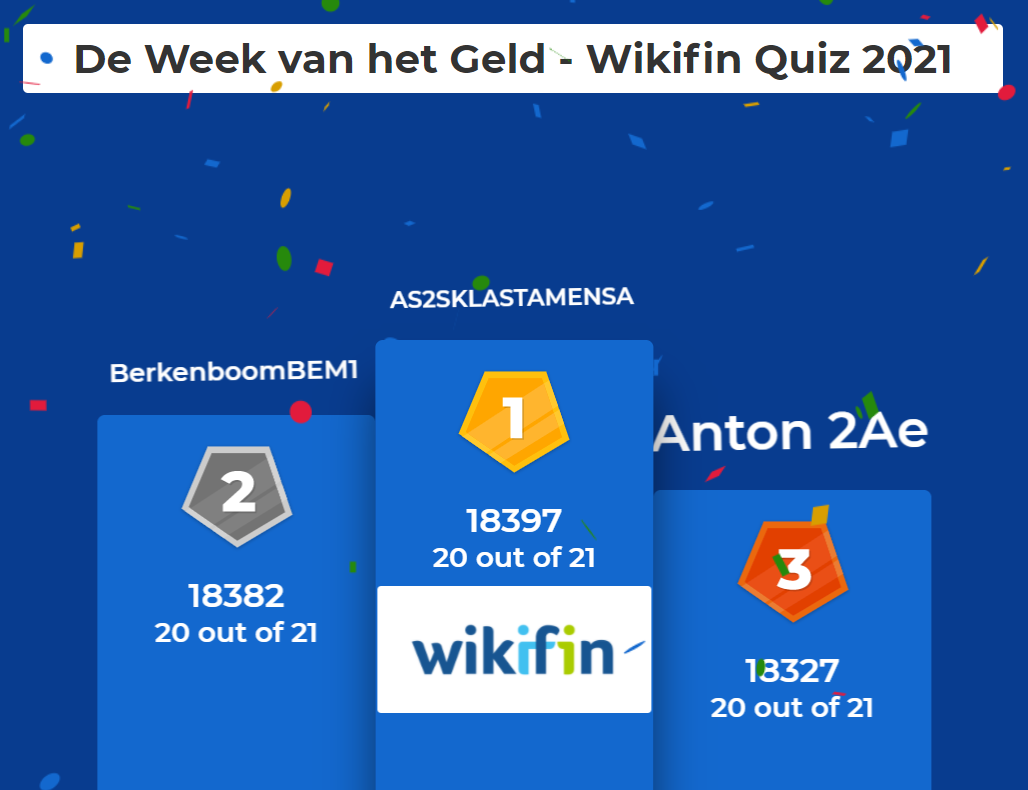 Kahoot Podium - De week van het Geld - Wikifin Quiz 2021: 1 AS2KLASTAMENSA(18397) 2 BerkenboomBEM1 (18382) 3 Anton 2Ae (18327)