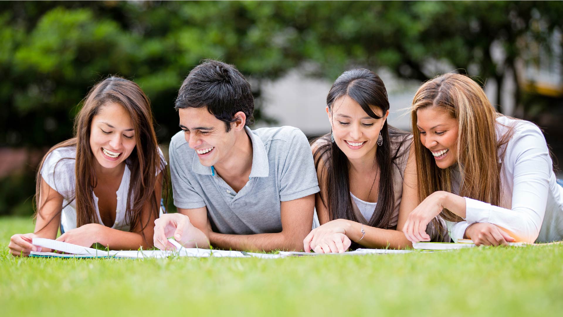 Un groupe de 4 étudiants couchés dans l&#039;herbe et qui étudient en plein air